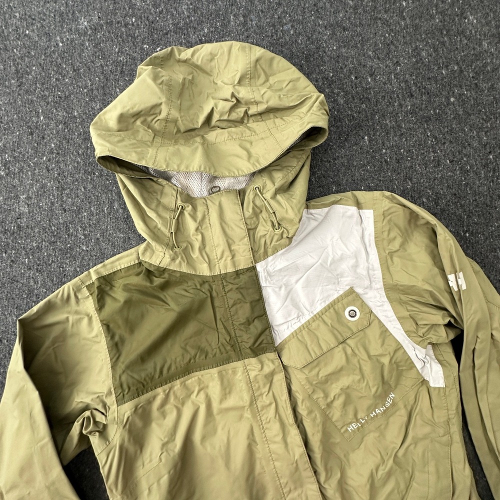 Helly Hansen Rain Jacket Women XS Grn Hooded Windbreaker Colorblock Hiking Coat